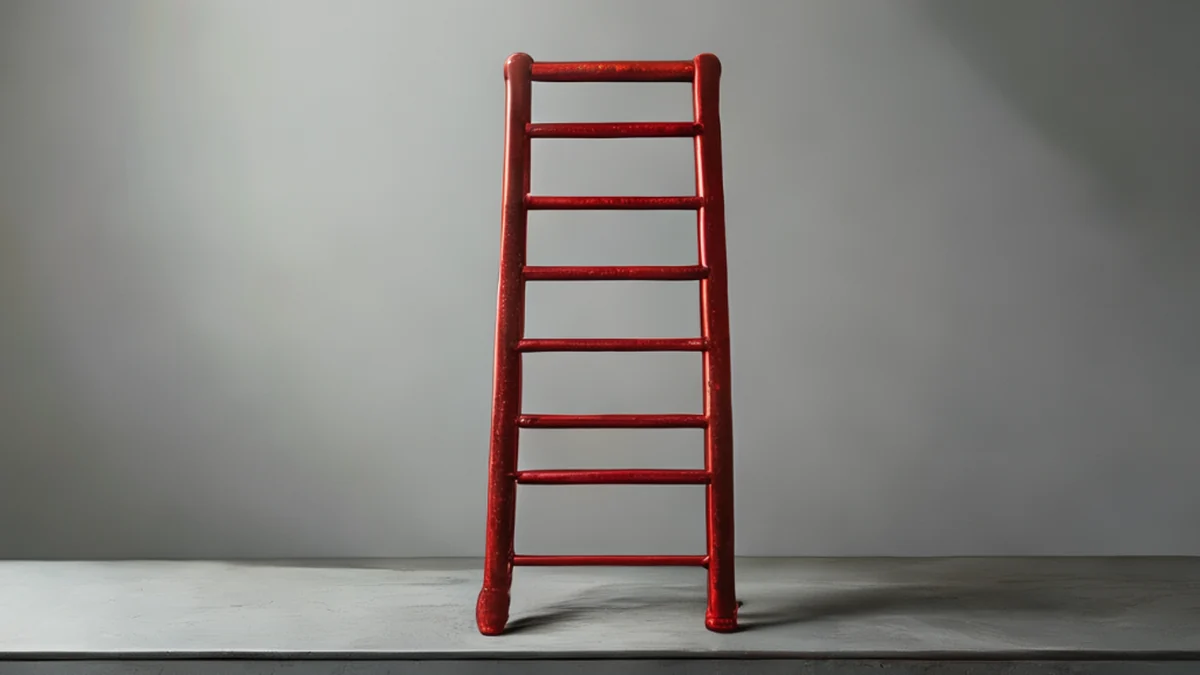 Een kort, zonder handvat, brandbestendig ladder met een roestige, gegroefde oppervlak, een diepe rode handvat en een metalen glans, rustend op een eenvoudige staal tafel onder een rein studio softbox licht, met een zachte scherpte