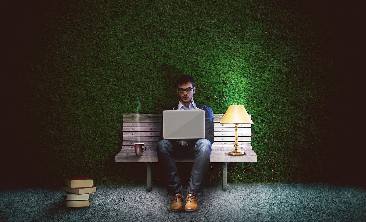 work, workaholic, writer, programmer, one, laptop, notebook, office, bank, park, park bench, hedge, outdoors, people, the atmosphere, dark, eve, light, illumina