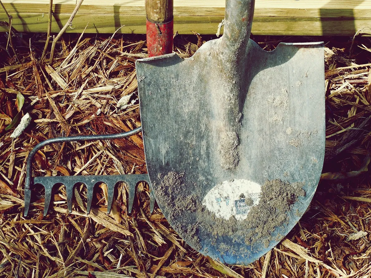 shovel, rake, dirt, farm, garden, hand tools, nature, labor, metal, tools